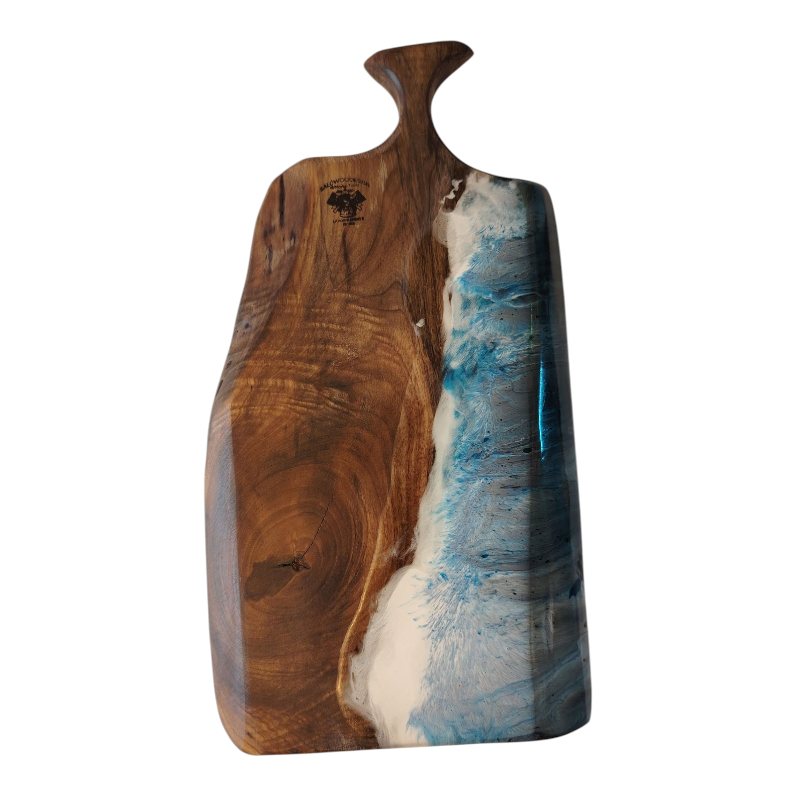 Tagliere Artigianale Noce e Resina Blu con Design Onde Marine