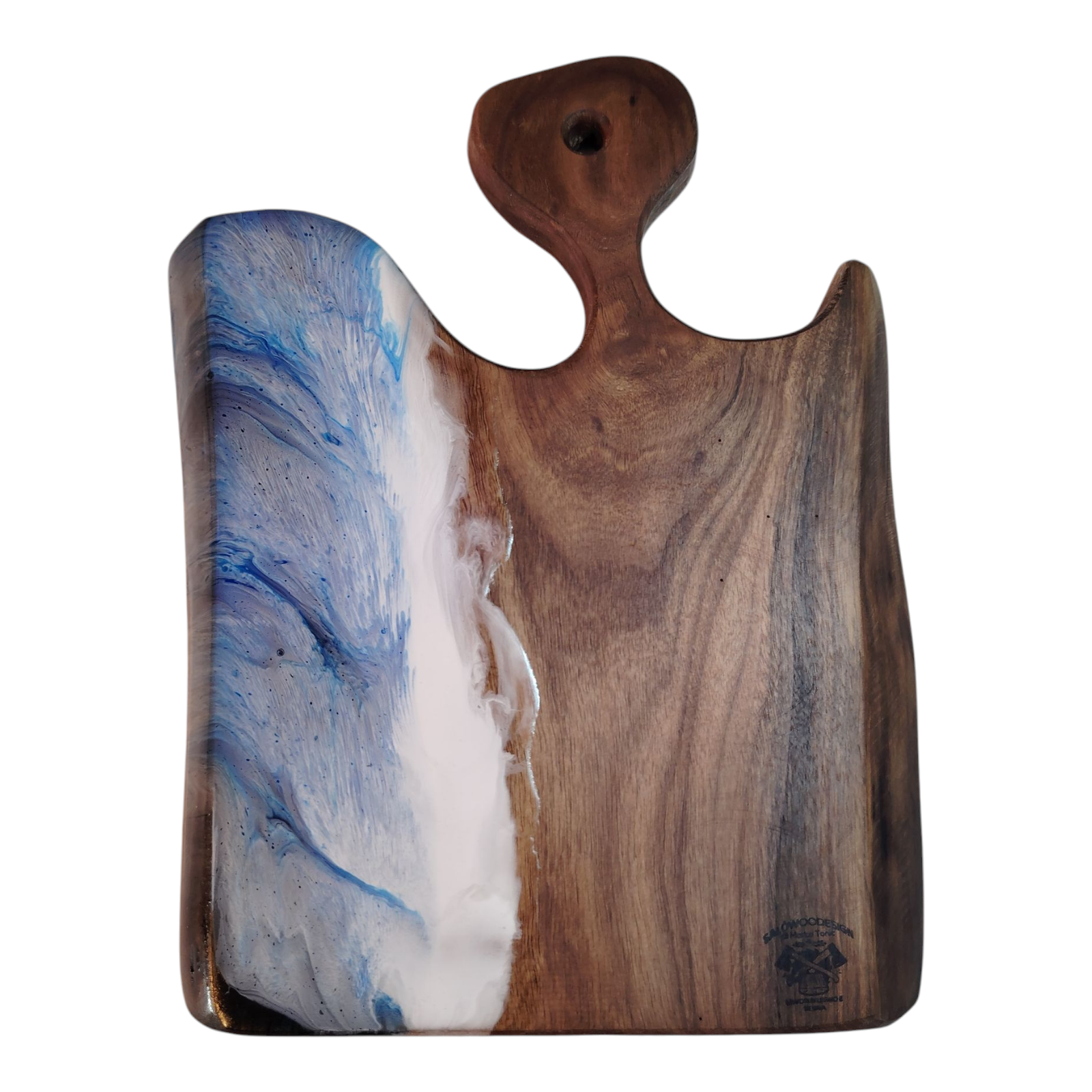 Tagliere Artigianale Noce e Resina Blu con Design Onde Marine